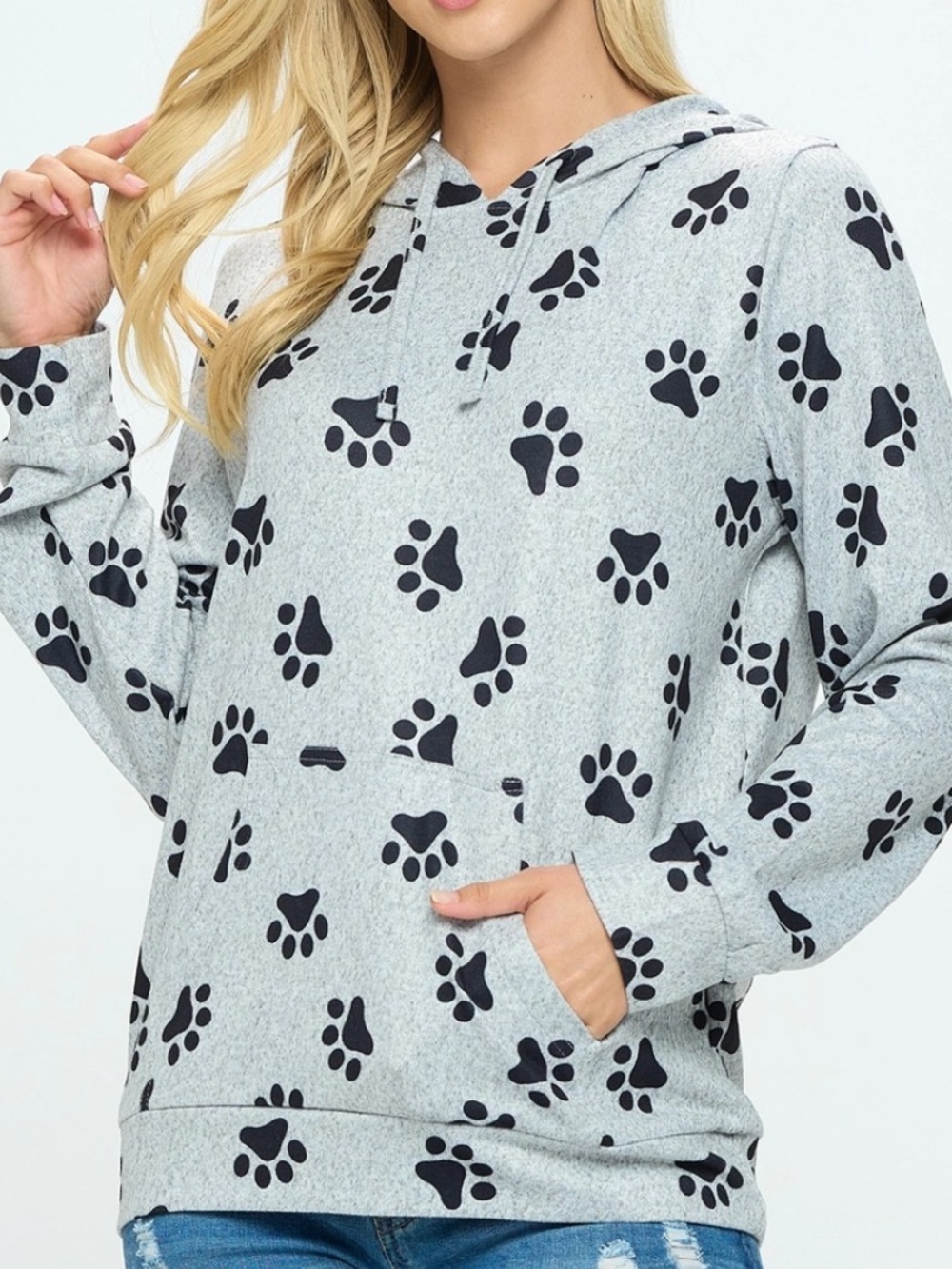 LA Soul Gray & Black Paw Print Long Sleeve Hooded Pullover Sweatshirt Size L